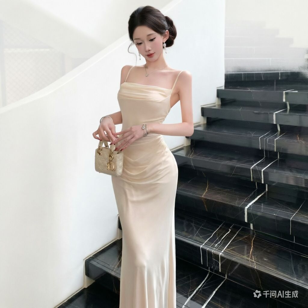 Women Formal Wear M&S - Gaun Slip Jaring Beige Chic, Gaun