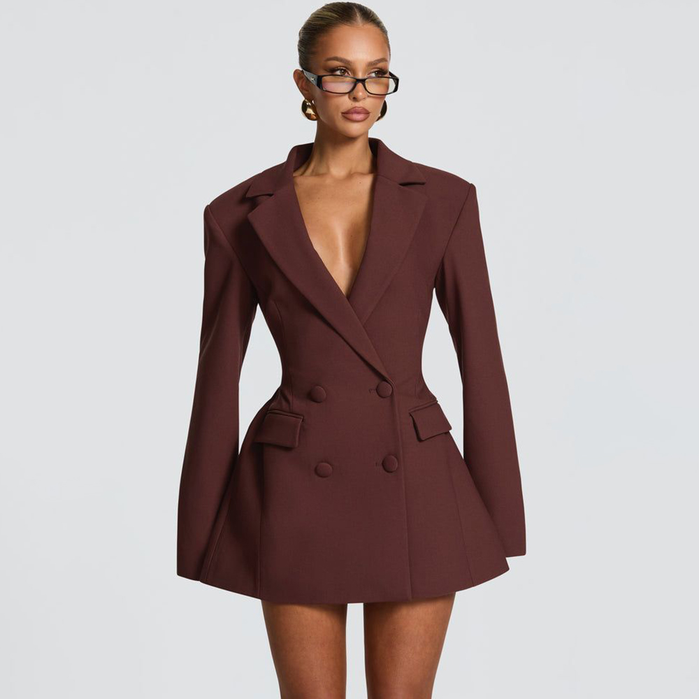 Women Formal Wear With Skirt - Gaun Blazer Wanita Elegan Warna Cokelat