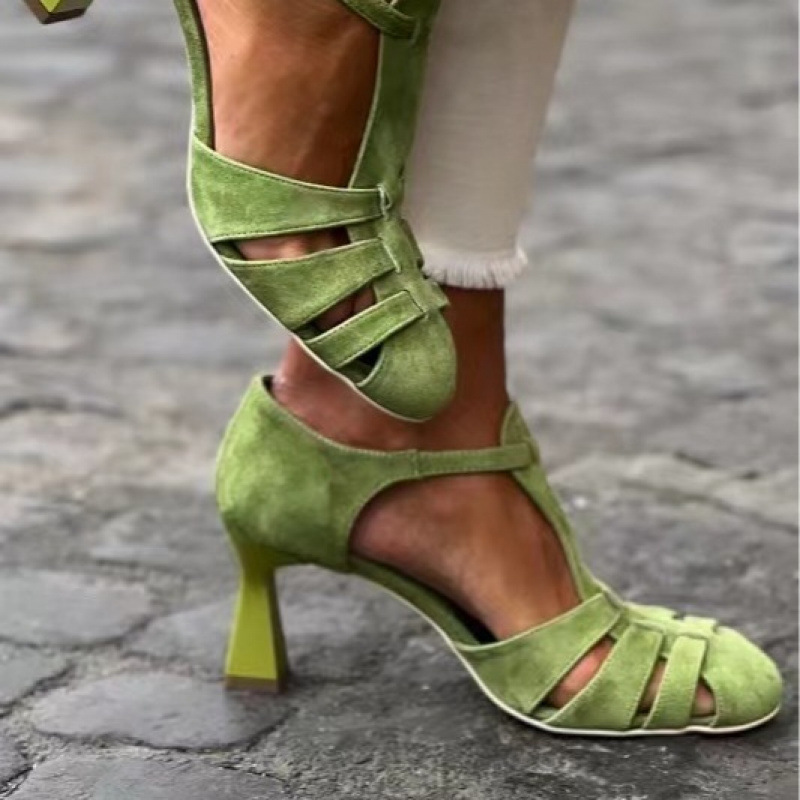 Kitten Heel Women - Sandal Wanita Hijau Suede Kitten Heel