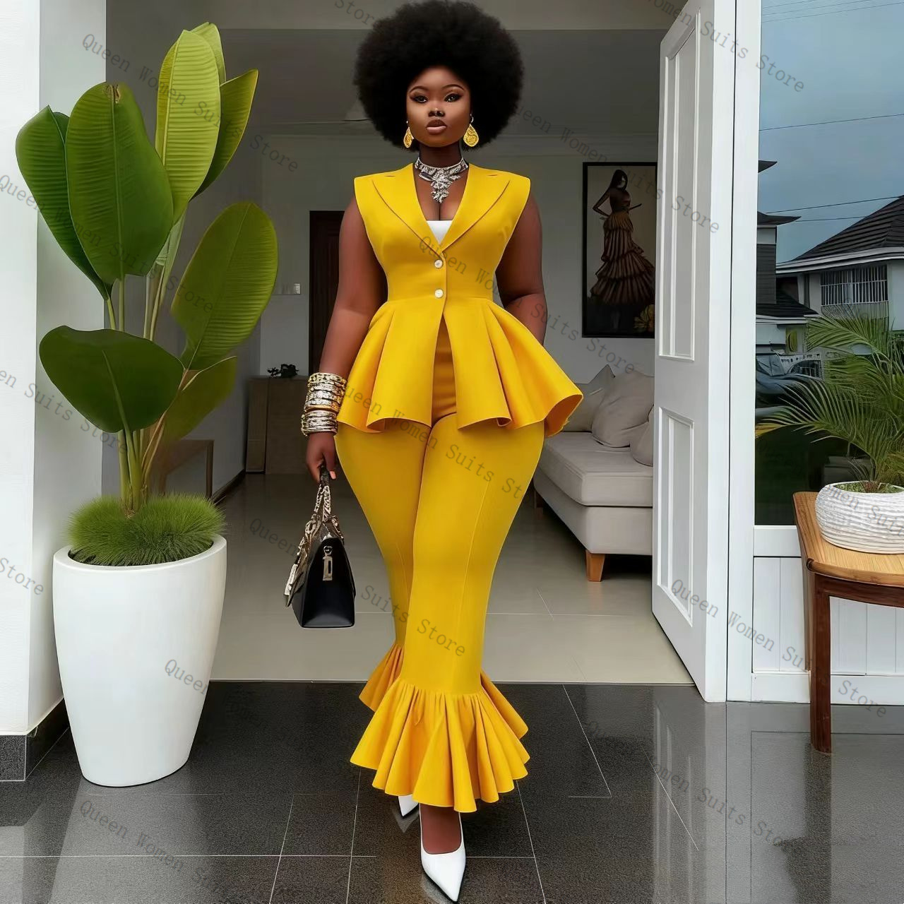 Women'S Formal Wear For A Wedding - Setelan Celana Wanita Kuning 2 Potong