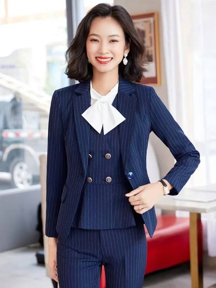 Women'S Formal Wear Pantsuits - Setelan Bisnis Formal Bergaris Wanita Profesional