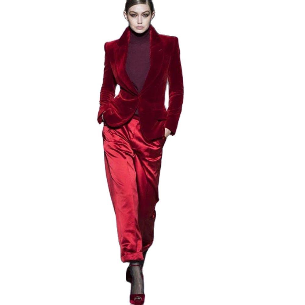 Women'S Formal Wear For A Wedding - Setelan Celana Wanita Beludru Merah Anggur