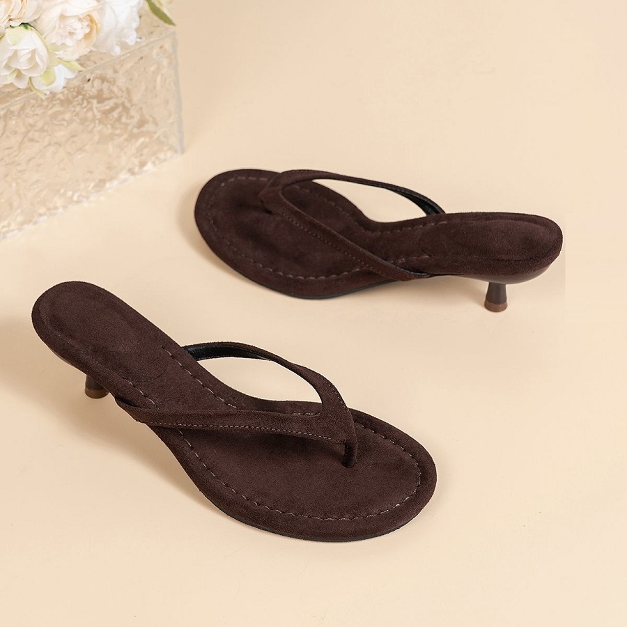 Kitten Heel Women - Sandal Thong Hak Tinggi Suede Imitasi